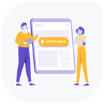 Illustration de deux utilisateurs prêt à cliquer sur le bouton réaliser un démonstration de la suite collaborative Interstis