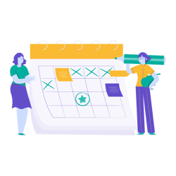 Illustration de deux utilisatrices collaborant pour organiser leur agenda et les événements