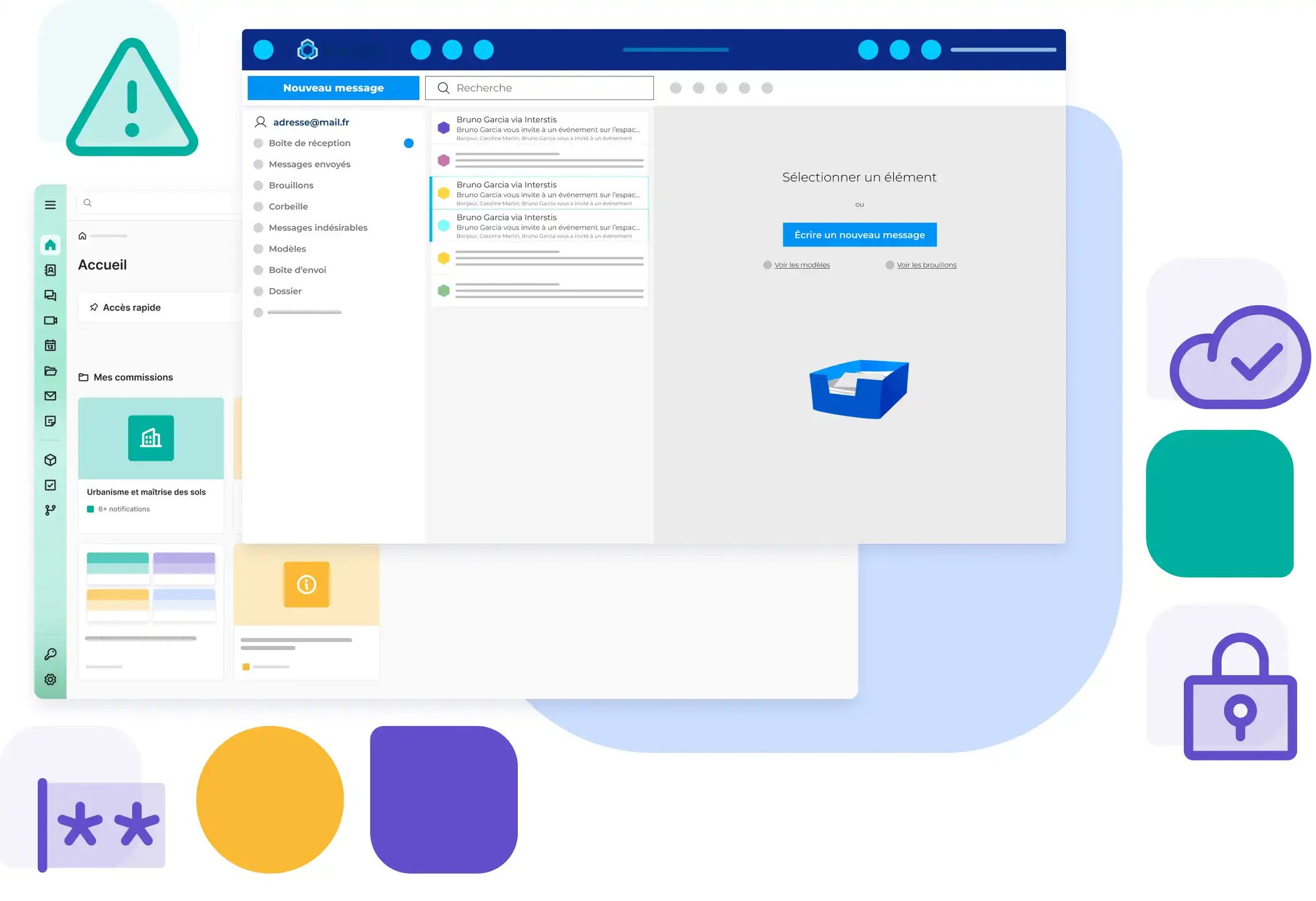 Interface de la web app Bluemind et Interstis avec le label SecNumCloud de l'Anssi et des pictos autour de la sécurité